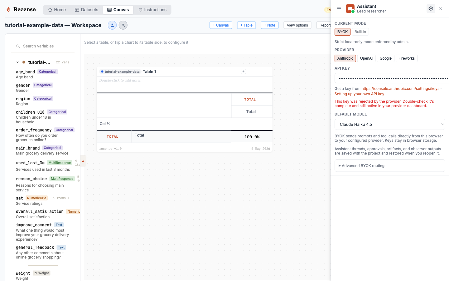The provider key configuration screen for Anthropic, OpenAI, Google, and Fireworks.